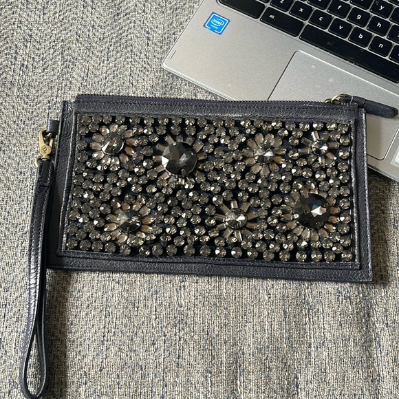 Boden Blue Distressed Leather Rhinestone Zippered Clutch - Picture 2 of 12